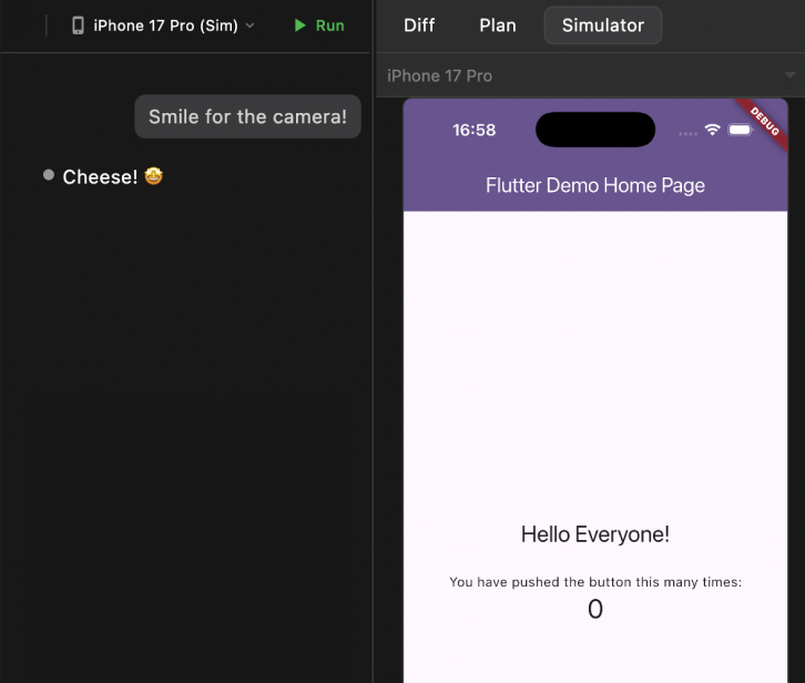 Agent chat beside the running app in the simulator