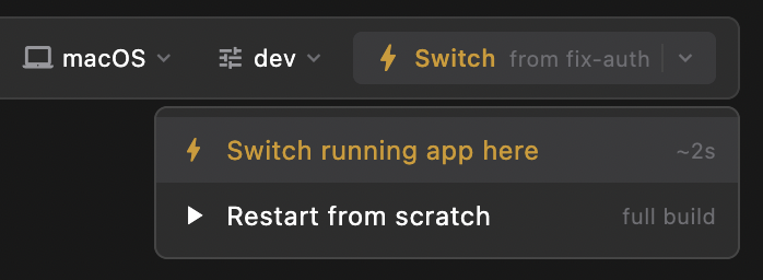 Switch the running app to another branch in about two seconds