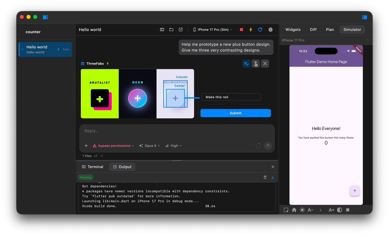 Wings for Flutter — agent chat, widget previews, and the running app side by side